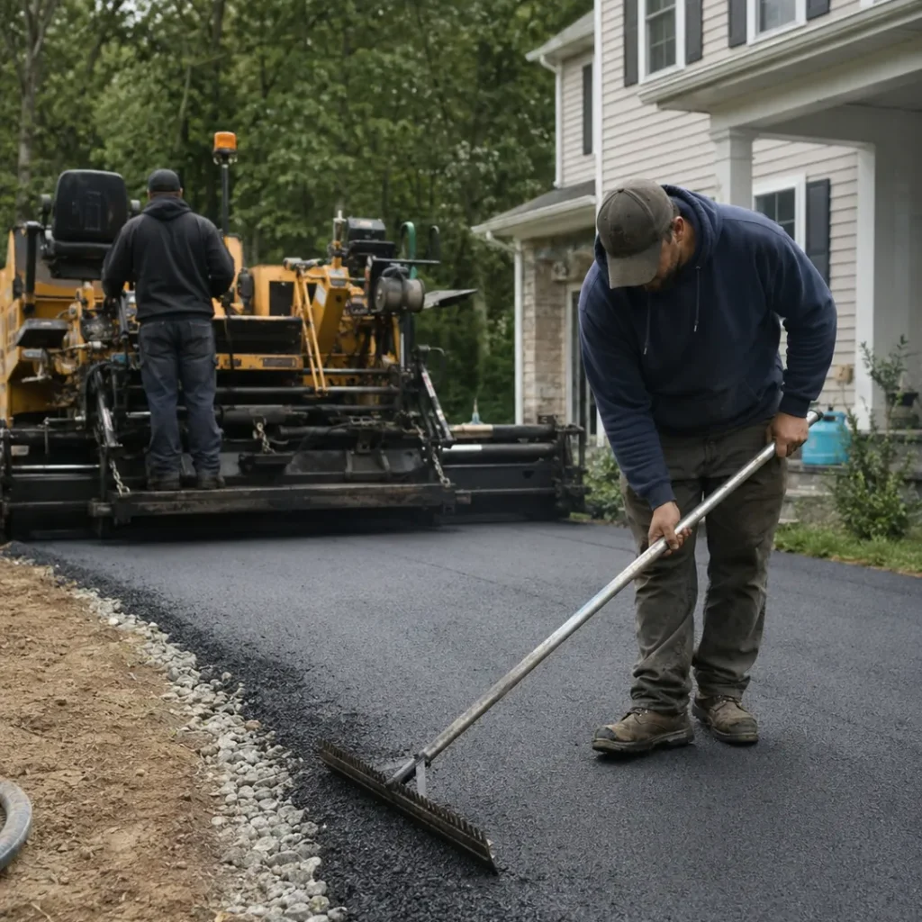 Paving Contractor checking paver alignment beside a Weston - FL driveway after base compaction